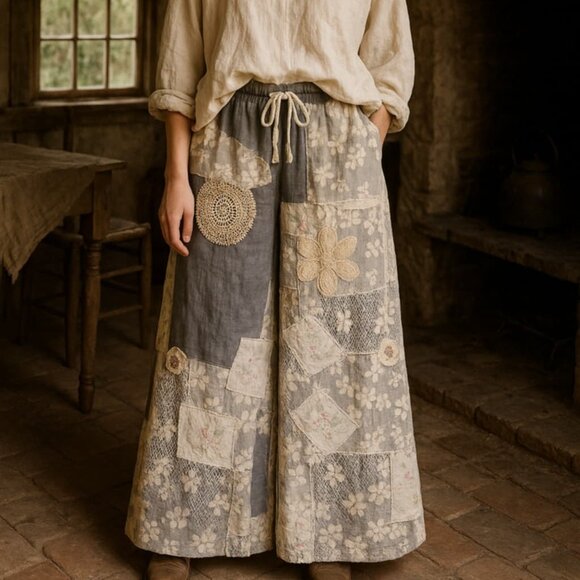 POL Pants - NWT POL Crochet & Embroide Relaxed Fit Patchwork Art Woven Wide Leg Pants Size S